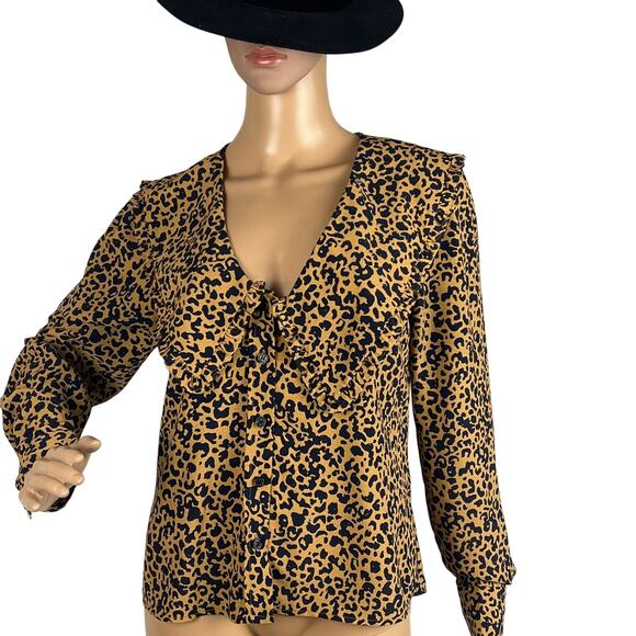 WAYF Esther Collared Blouse Cheetah Print Ruffle Size XS Fall Winter Essentials - Picture 3 of 8